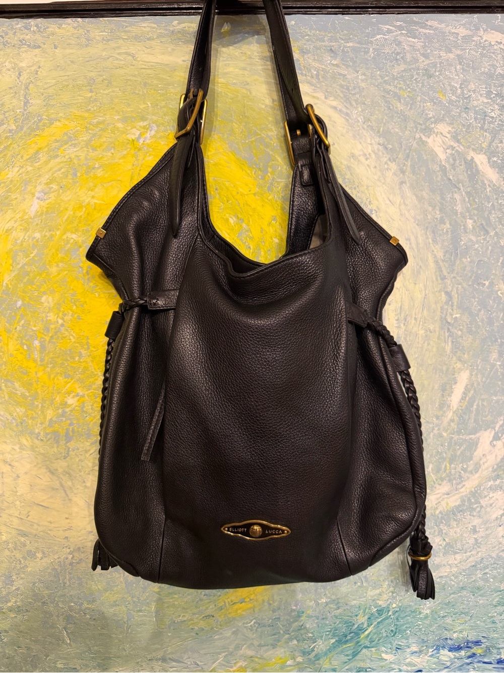 Elliott Lucca Black Sinatra Pebbled Leather Shoulder Bag with Braided Sides
